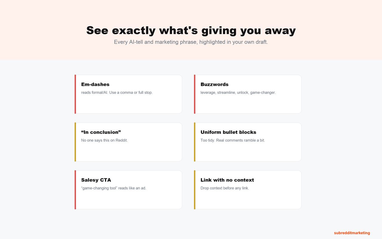 The issue list expanded: em-dashes, buzzwords, 'In conclusion', uniform bullet blocks, salesy CTA, and links with no context — each with a short explanation.