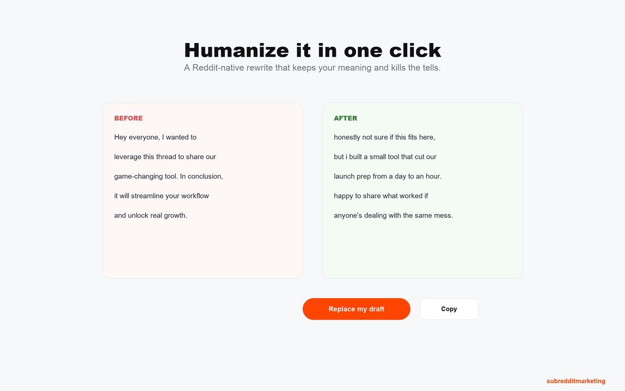 The before/after humanize view: the AI-sounding draft on the left, a Reddit-native rewrite on the right, with a 'Replace my draft' button.