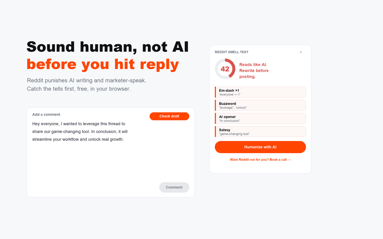 The Reddit Post Humanizer panel showing a Reddit-safe score of 42 out of 100 with highlighted AI-tells: an em-dash, buzzwords, an 'In conclusion' opener, and salesy phrasing.